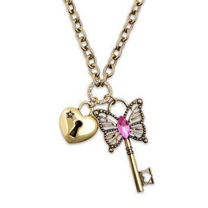 Betsey Johnson Antiqued Heart Lock and Butterfly Key Necklace Boho Fairy Pink